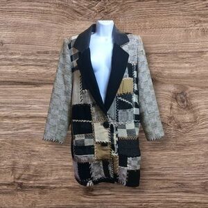 Vintage 80s Crystal leather trim patchwork tweed coat. Oversized. Medium.